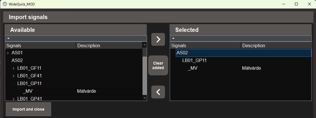 Import signals dialog with Available on the left and Selected on the right