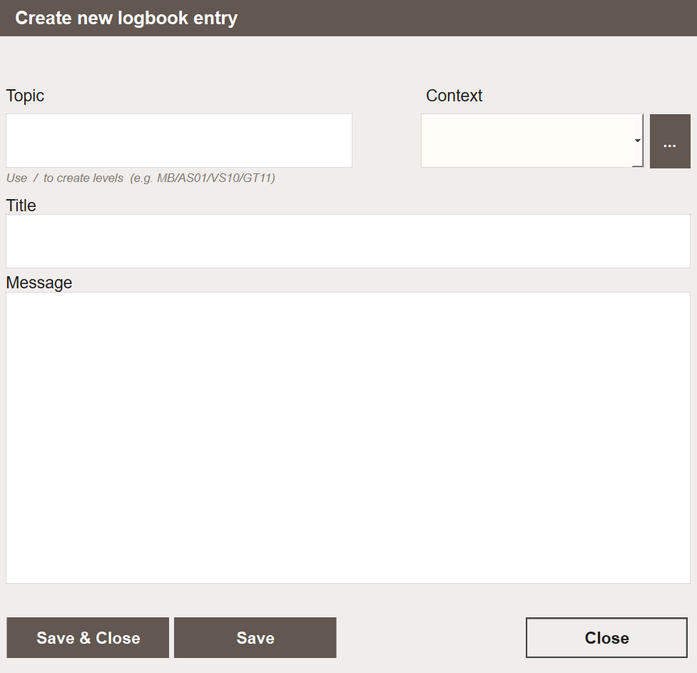 Create entry popup with fields labeled