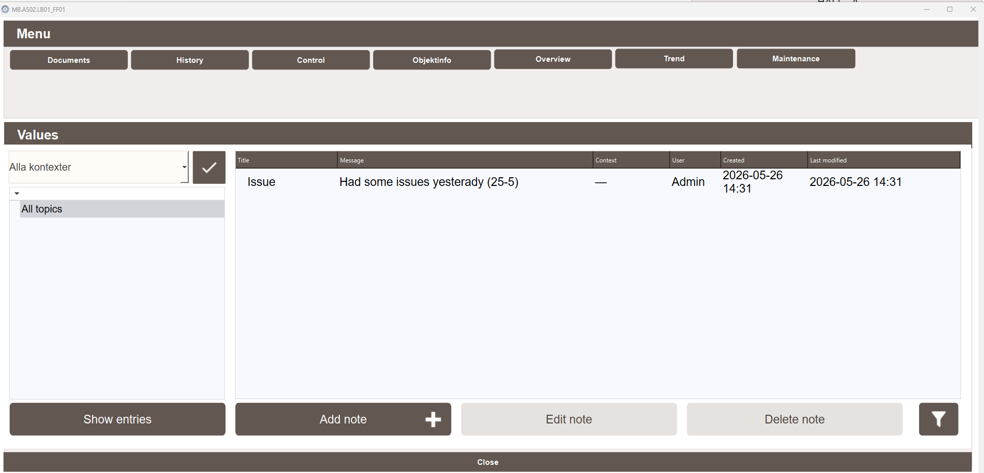 Logbook tab in the object popup