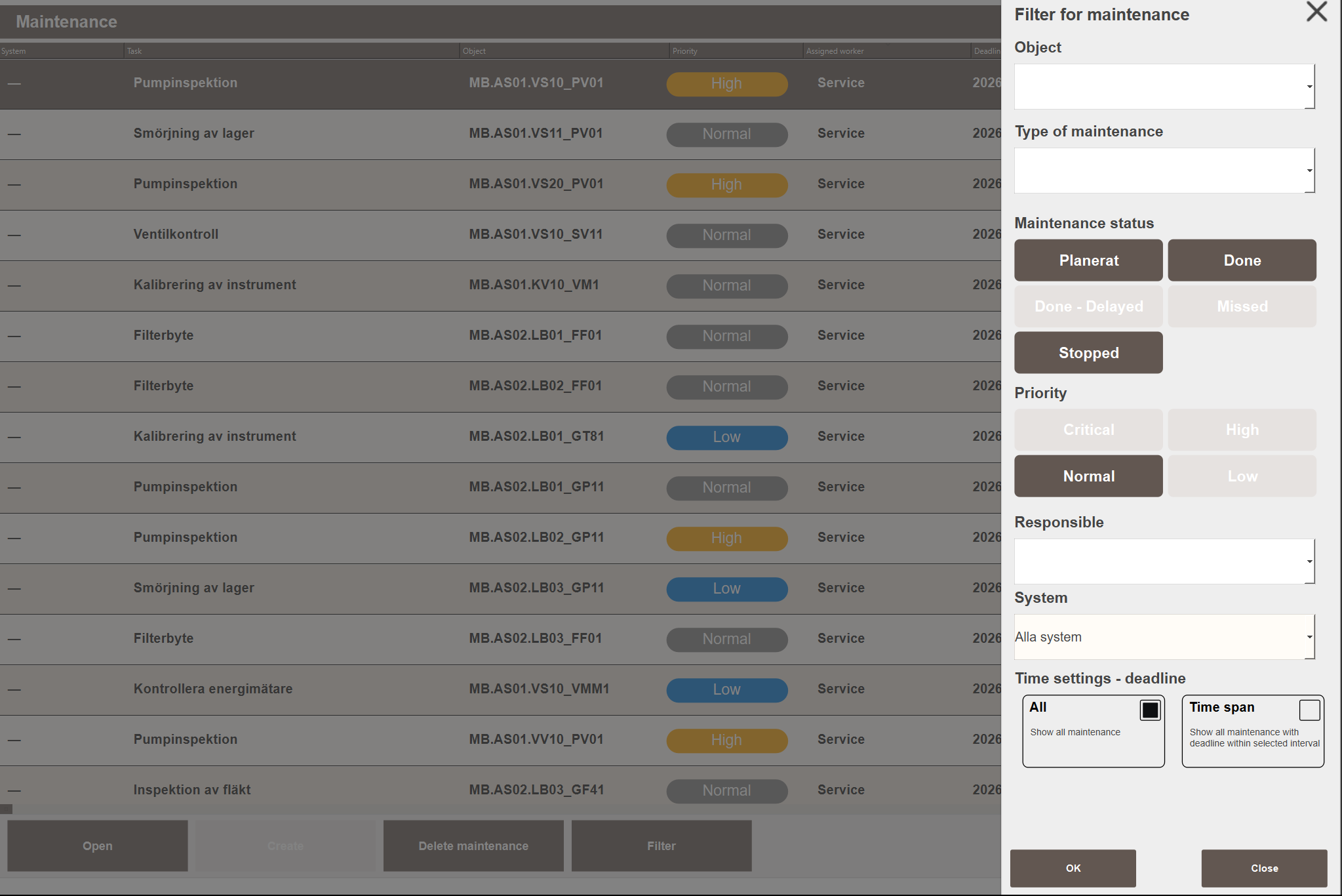 Maintenance list with filter panel open