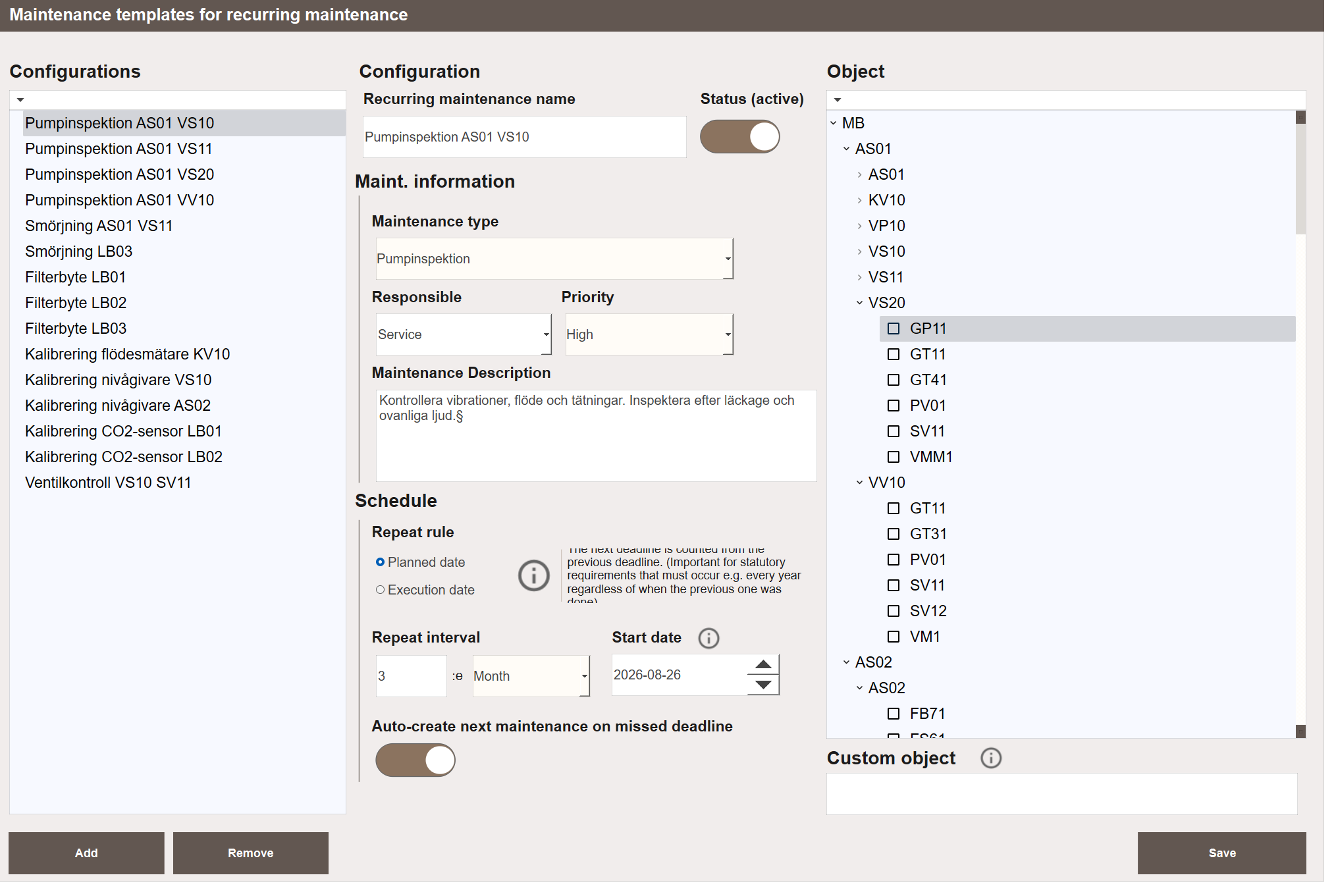 Recurring maintenance configuration