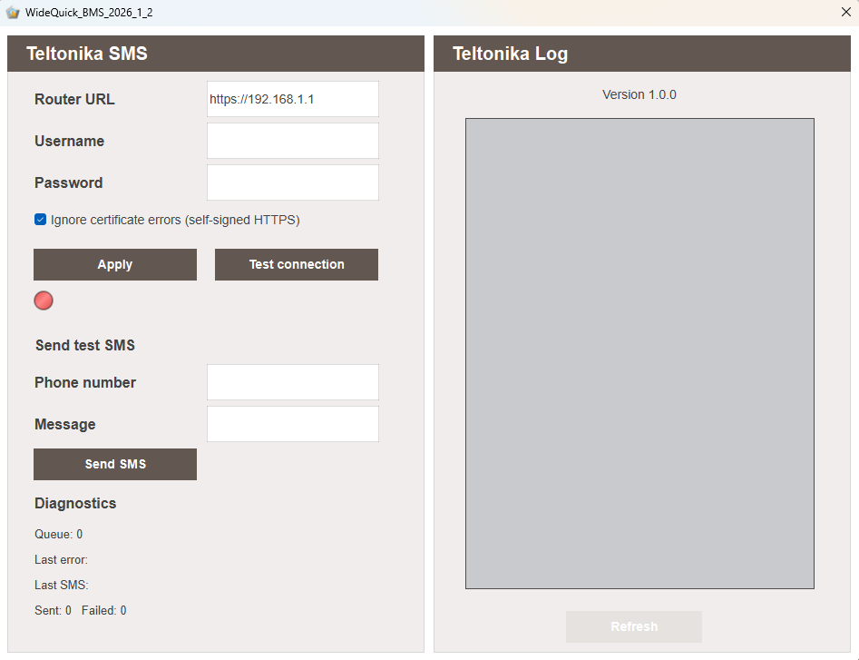 Teltonika SMS configuration dialog