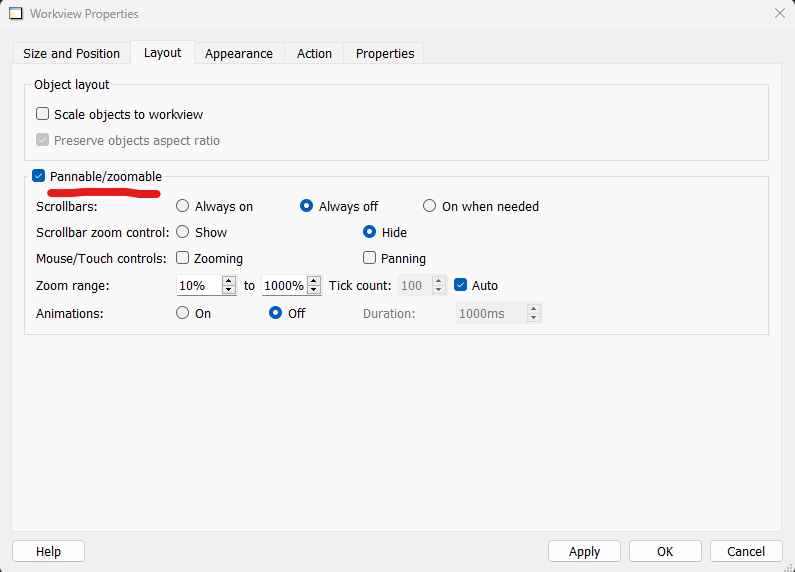 Pannable/Zoomable setting in arbetsvy properties