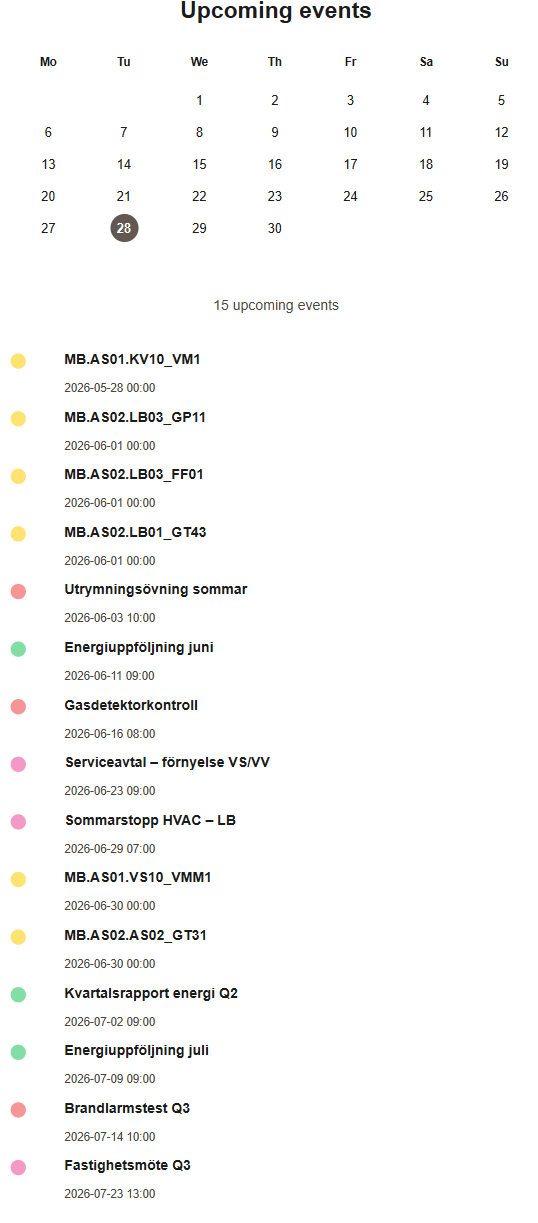 Sidopanel med kommande händelser