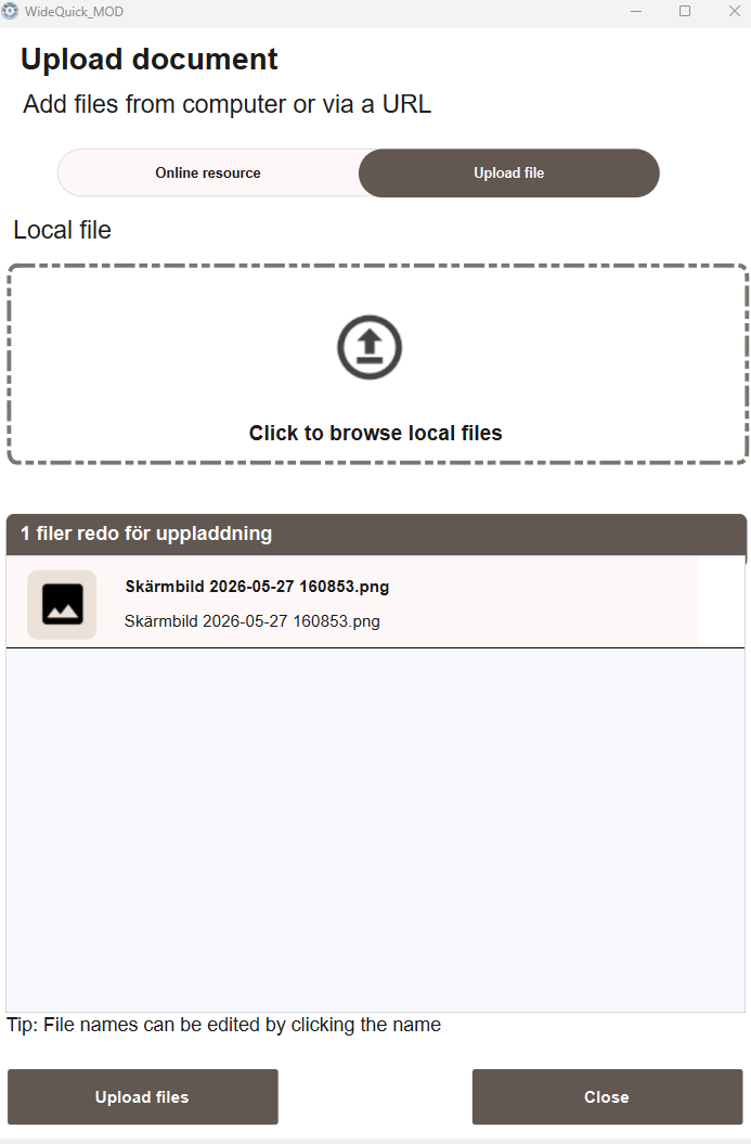 Upload file tab