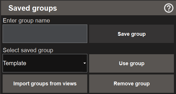 Panelen Sparade grupper med fältet för gruppnamn, rullgardinsmeny och importknapp