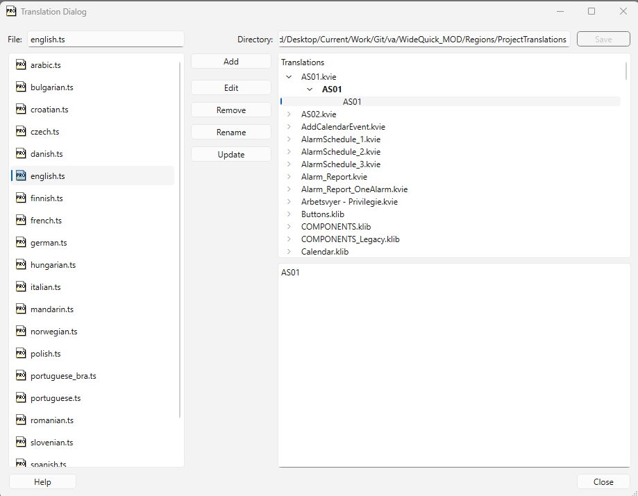 Translation Dialog showing the list of .ts files and the translations tree