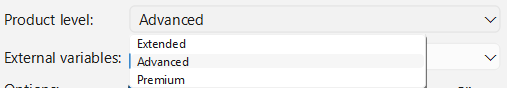 Screenshot of product level dropdown in WideQuick License Config tool