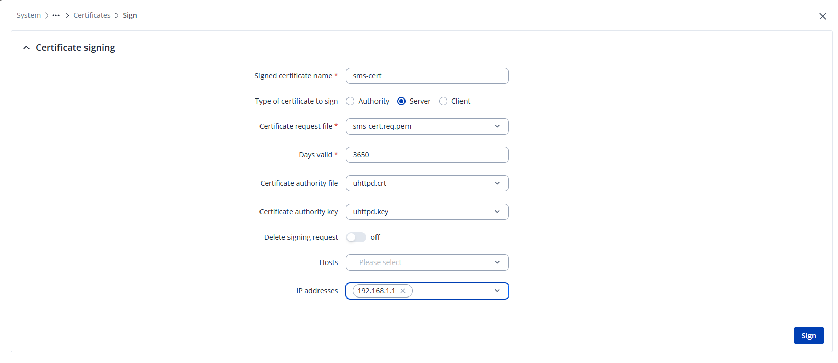 Certificate signing-dialogen