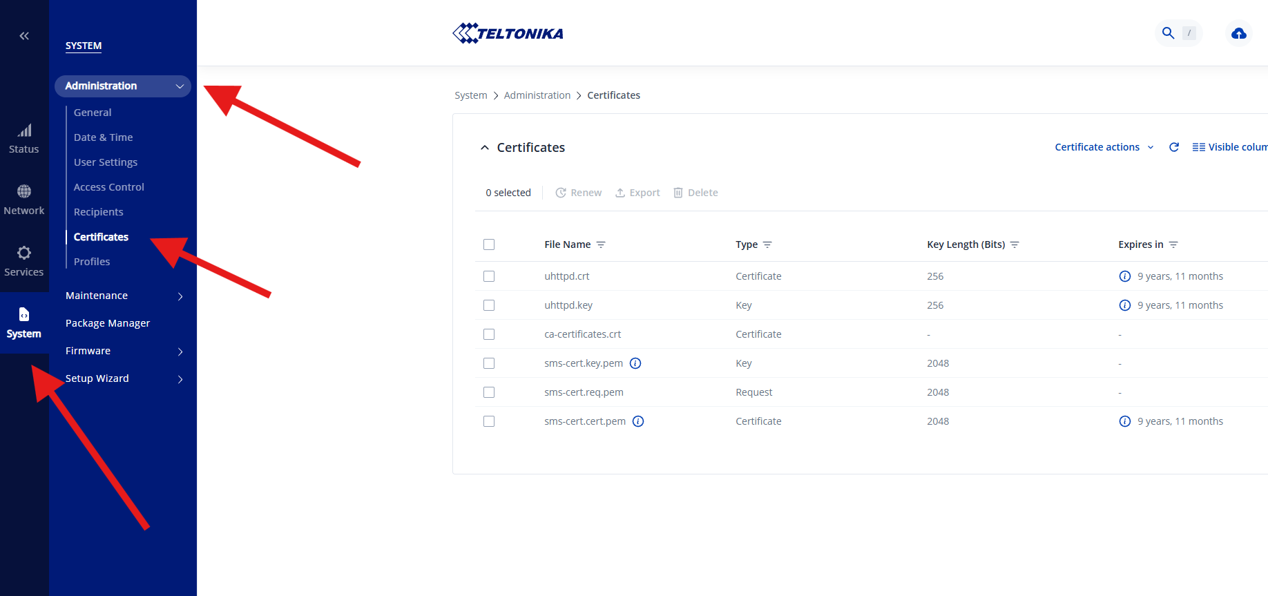 Navigera till Certificates-sidan
