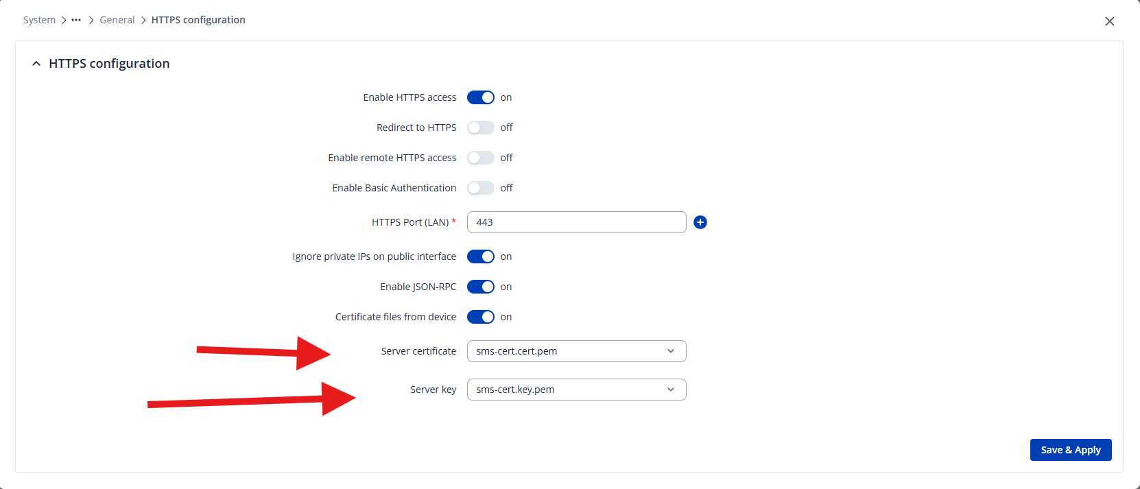 HTTPS configuration med Server certificate och Server key satta till sms-cert