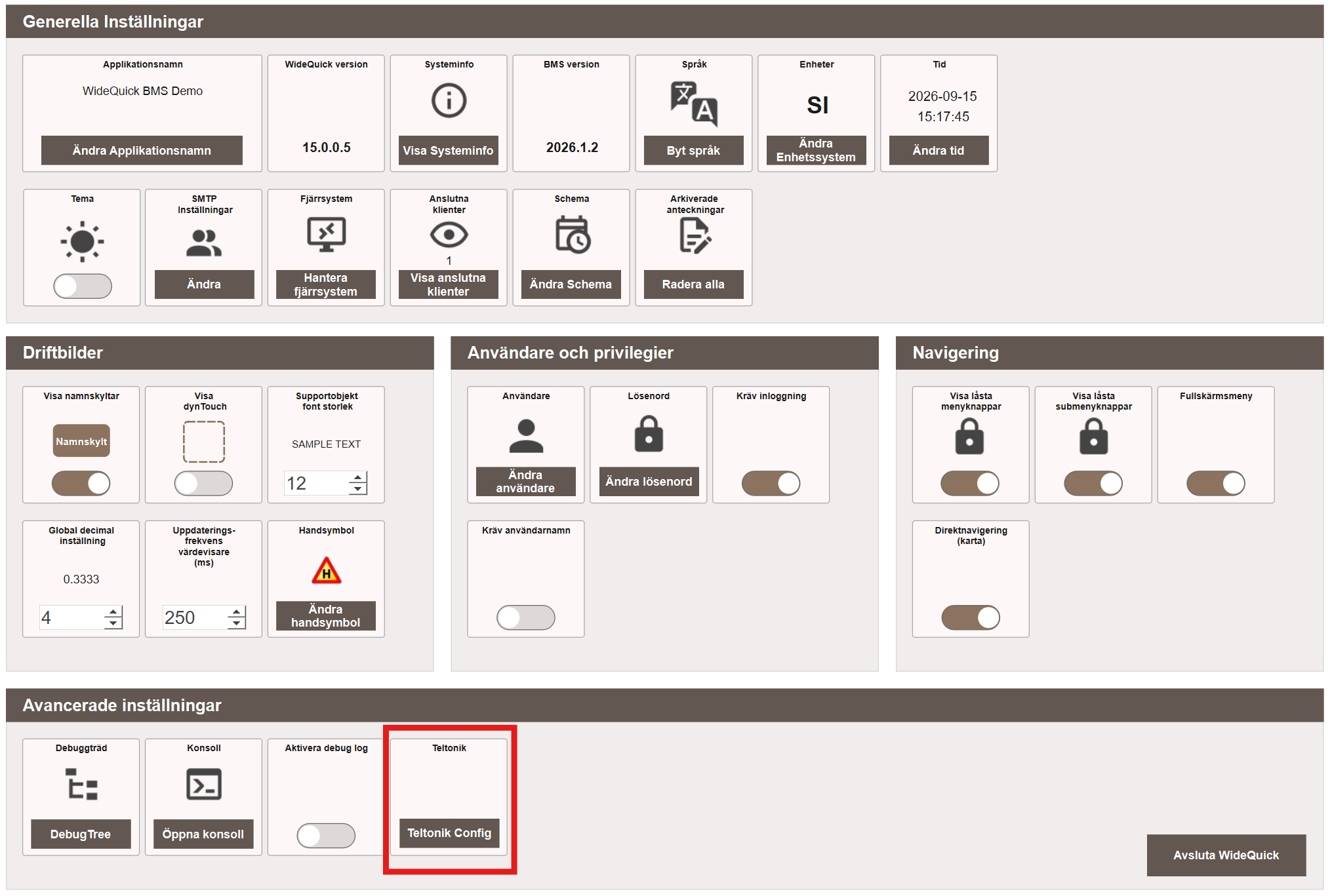 Knappen Teltonik Config under Avancerade inställningar
